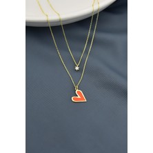 Papatya Silver 925 Ayar Gümüş Tektaş ve Turuncu Mineli Kalp Asansör Kolye