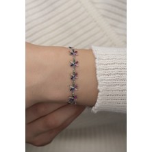 Papatya Silver 925 Ayar Gümüş Rose Kaplama Renkli Baget Taşlı Çiçek Bileklik