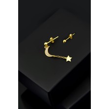 Papatya Silver 925 Ayar Gümüş Altın Kaplama Ay Yıldız Çivili Top Küpe