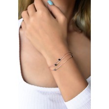 Papatya Silver 925 Ayar Gümüş Rose Kaplama Üç Sıra Siyah Taşlı Zincir Bileklik