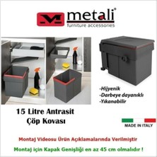 Metali Dolap Içi Çöp Kovası Antrasit 15 Lt  (Dolap kapak genişliği min. 45 cm)