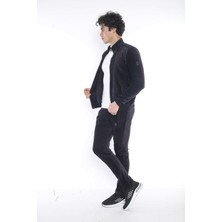 Escetic Erkek Spor Slimfit/Dar Kalıp Kalıp-Dik Yaka-4 Cepli Fitilli Kadife Kumaş Siyah Eşofman Takımı - 6657