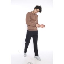 Escetic Erkek Spor Sütlü Kahve Kışlık Sweatshirt Takım, 3 İplik (İçi Şardonlu) Kumaş - A3053
