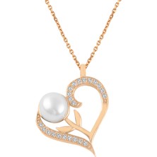 Altın Sepeti Rose Gümüş Kalpli Çiçek Inci Kolye