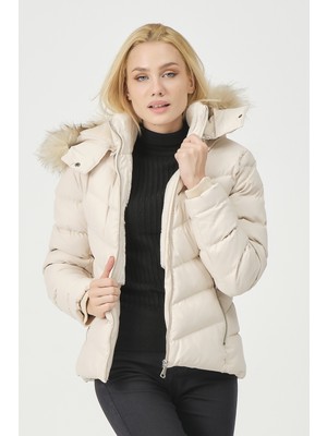 Pique Kadın Mont Beste Çıkabilir Kapüşonlu Kürk Astarlı Şişme Kadın Mont