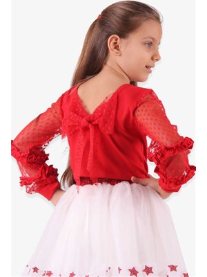 Breeze Kız Çocuk Bluz Tüllü Fiyonklu Kırmızı Soft Giyim (6-14 Yaş)
