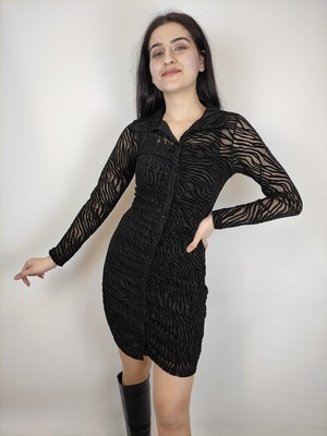 Eylül Moda Kadın Elbise Yakalı Ön Düğme Flok Baskı Uzun Kol Elbise - Siyah - S