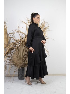 Abiye Sultan Siyah Saten Fırfırlı Elbise