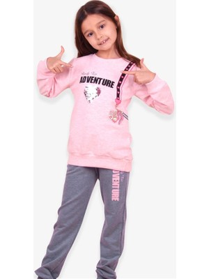 Breeze Kız Çocuk Eşofman Takımı Baskılı Pullu Somon Melanj Soft Giyim (4-9 Yaş)