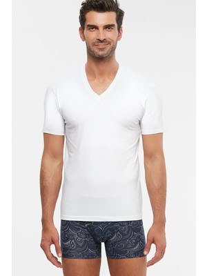 Kom Antonio V Yaka Pamuklu Erkek Atlet - Beyaz