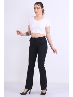 e-bizz store Kadın Yüksek Bel Yarım Ispanyol Paçakumaş Siyah Pantolon