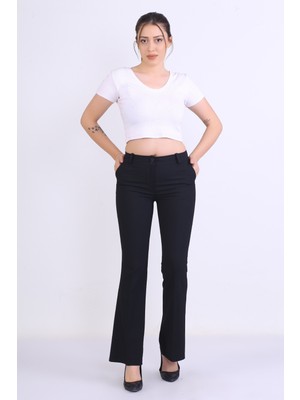 e-bizz store Kadın Yüksek Bel Yarım Ispanyol Paçakumaş Siyah Pantolon