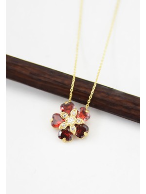 Papatya Silver 925 Ayar Gümüş Gold Kaplama Kırmızı Taşlı Unutma Beni Çiçeği Kadın Kolye