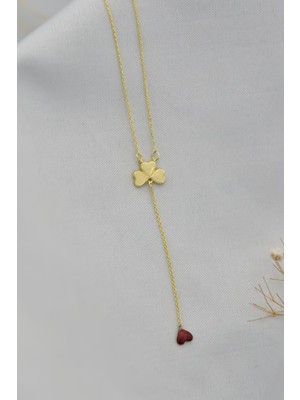 Papatya Silver 925 Ayar Gold Kaplama Kırmızı Mineli Kalp Yonca Kadın Kolye