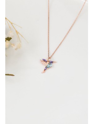 Papatya Silver 925 Ayar Gümüş Rose Kaplama Taşlı Kuş Kolye