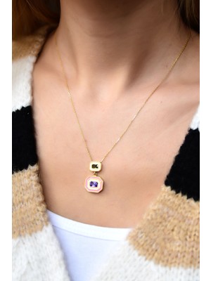 Papatya Silver 925 Ayar Gümüş Gold Kaplama Renkli Mineli Tasarım Kadın Kolye