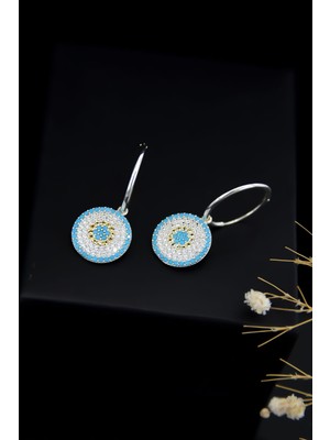 Papatya Silver 925 Ayar Gümüş Rodyum Kaplama Büyük Boy Firuze Nazar Halka Kadın Küpe UVPTS300019