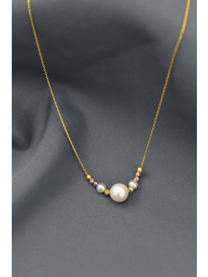 Papatya Silver 925 Ayar Gümüş Üç Renk Dorika Toplu Incili Kadın Kolye UVPTS100002