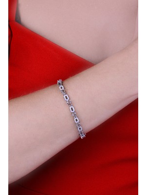 Papatya Silver 925 Ayar Gümüş Sıralı Damla ve Dikdörtgen Taşlı Bileklik