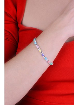 Papatya Silver 925 Ayar Gümüş Sıralı Yuvarlak Renkli Taşlı Bileklik