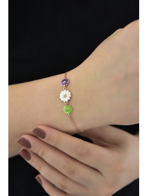 Papatya Silver 925 Ayar Gümüş Rose Kaplama 3 Renk Mineli Papatya Bileklik