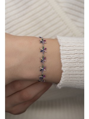 Papatya Silver 925 Ayar Gümüş Rose Kaplama Renkli Baget Taşlı Çiçek Bileklik
