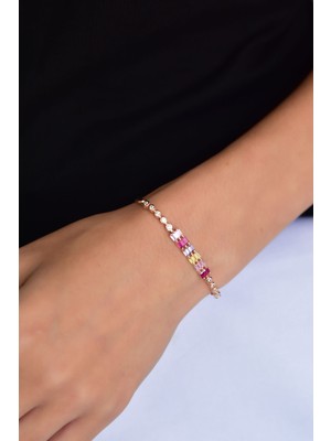 Papatya Silver 925 Ayar Gümüş Rose Kaplama Renkli Taşlı Baget Bileklik