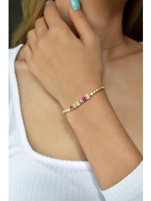 Papatya Silver 925 Ayar Gümüş Altın Kaplama Renkli Taşlı Baget Bileklik