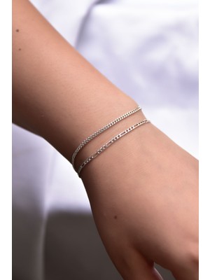 Papatya Silver 925 Ayar Gümüş Rodyum Kaplama Figaro ve Gurmet Kadın Zincir Bileklik