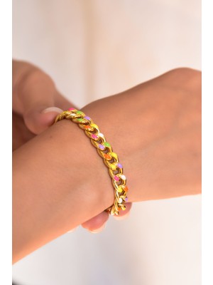 Papatya Silver 925 Ayar Gümüş Altın Kaplama Renkli Mineli Gurmet Zincir Kadın Bileklik