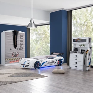 Sports Çocuk Odası Takımı, Beyaz - Mercedes Arabalı Yatak - Dolap - Şifonyer