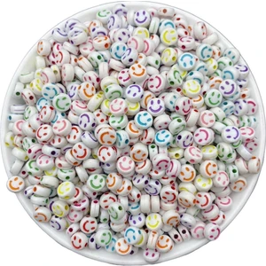 Hedef Bijuteri 25GR Beyaz Zemin Üzeri Renkli 4X7MM Yassı Smile, Gülen Yüz,surat Boncuk (25 Gr, ~200 Adet)