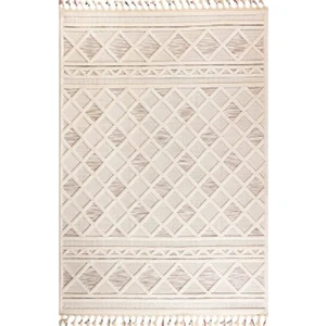 Deco Alvin 12731 Yeni  Yüksek Kalite Modern Kabartmalı Örgü Saçaklı Krem Salon Halısı