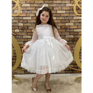 Dantelli Beyaz Mini Puantiyeli Kurdelalı Tül Elbise - Tül Abiye - Mezuniyet