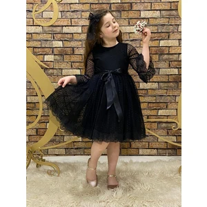 Dantelli Siyah Mini Puantiyeli Kurdelalı Tül Elbise - Tül Abiye - Mezuniyet