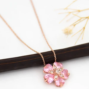 Papatya Silver 925 Ayar Gümüş Rose Kaplama Pembe Taşlı Unutma Beni Çiçeği Kadın Kolye