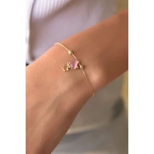 Papatya Silver 925 Ayar Gümüş Altın Kaplama Dorika Toplu Ay Taşlı Kedi Bileklik