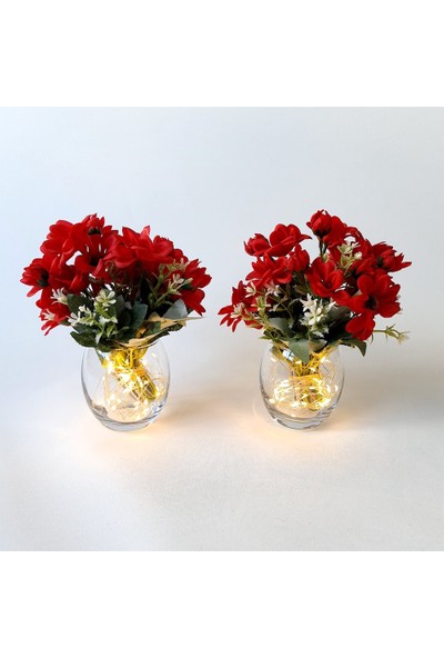 ST Dekor Cam Vazo Kırmızı Biçme Çiçekli Ikili Set