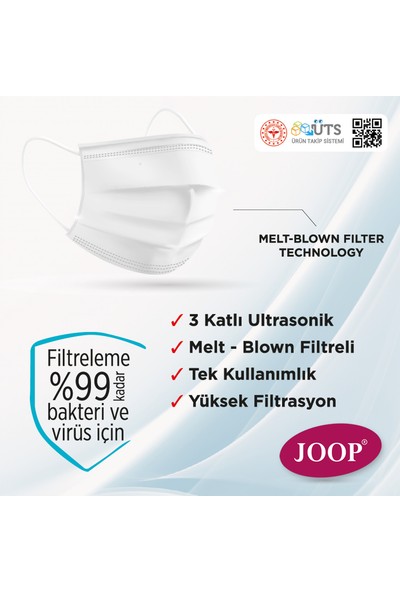 Joop 3 katlı Meltblown Filtreli Ultrasonik Telli Cerrahi Maske 50'li
