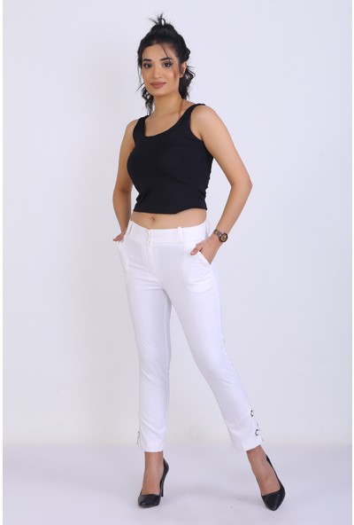 e-bizz store Kadın Yüksek Bel Kalem Kesim Kuşgözü Detaylı Kumaş Beyaz Pantolon