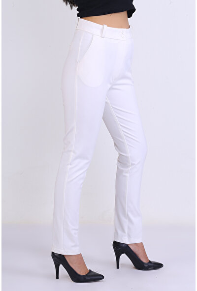e-bizz store Kadın Yüksek Bel Kalem Kesim Paça Boyu Uzun Kumaş Beyaz Pantolon
