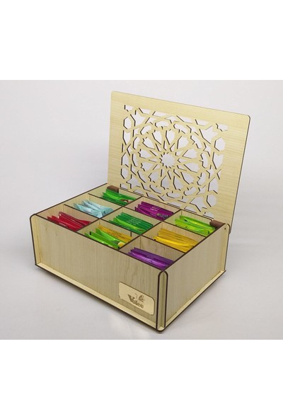 Ankaflex Ahşap Akça Renk Çay Kutusu 9 Bölmeli Kapaklı Poşet Bitki Çayı Saklama Kabı Tea Box ( Çaylar Dahil)