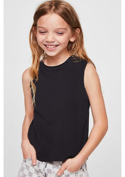 Düz, Baskısız Basic Siyah Kesik Kol | Kolsuz Kız Erkek Uniseks Çocuk T-Shirt | Atlet