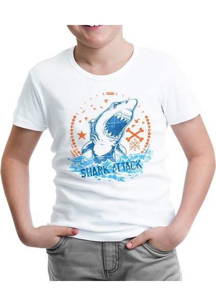 Lordd T-Shirt Lorddd T-Shirt T-Shirt Shark Attack Beyaz Çocuk Tshirt