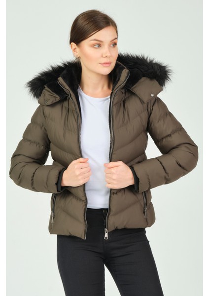 Kadın Mont Beste Çıkabilir Kapüşonlu Kürk Astarlı Şişme Kadın Mont