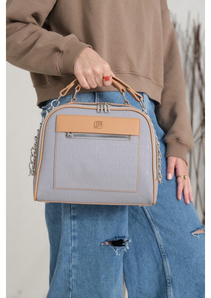 Kadın Just Polo Gofraj Baskılı Jilet Motifli Fermuar Uçları Vegan Omuz Çantası