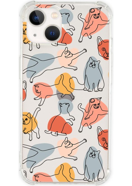 Apple iPhone 13 Uyumlu Sevimli Kedi Figürleri Desenli Anti Shock Olex Köşe Darbe Korumalı Silikonlu Şeffaf Kılıf