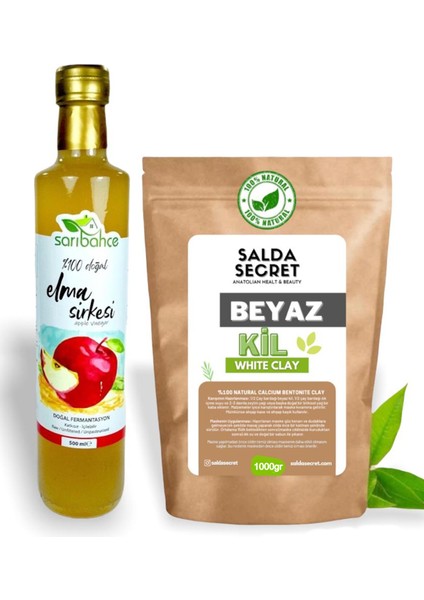 Beyaz Kil Doğal Yüz Maskesi 1000 gr Toz - Kil Maskesi - Doğal Fermente Elma Sirkesi 500ML