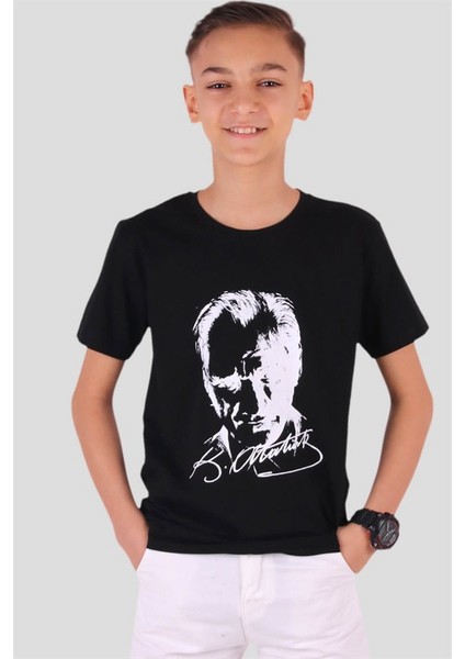 Erkek Çocuk Tişört Atatürk Baskılı Siyah Soft Giyim (4-14 Yaş)