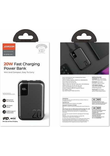 JR-QP190 Mini 20W 10000MAH Powerbank Taşınabilir Şarj Aleti